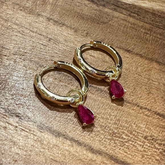 NEW 14K Yellow Gold-Plated White Crystal CZ Encrusted Huggie Hoops w Ruby Dangle - Picture 2 of 16